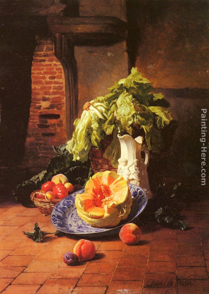David Emile Joseph de Noter A Still Life With A White Porcelain Pitcher, Fruit And Vegetables